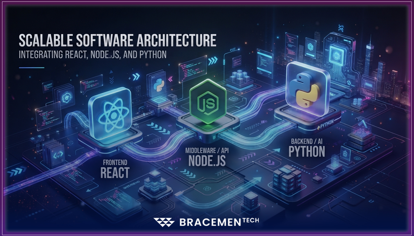 3D digital illustration of full-stack software architecture showing React frontend components, Node.js and Python backend nodes, and secure cloud infrastructure under a dark-mode theme with vibrant electric blue and violet gradients